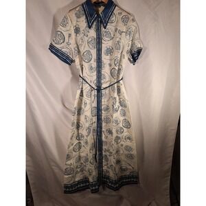 ALÉMAIS Blue Cream Linen Nautical Print Shirt Dress US 10 NWT
